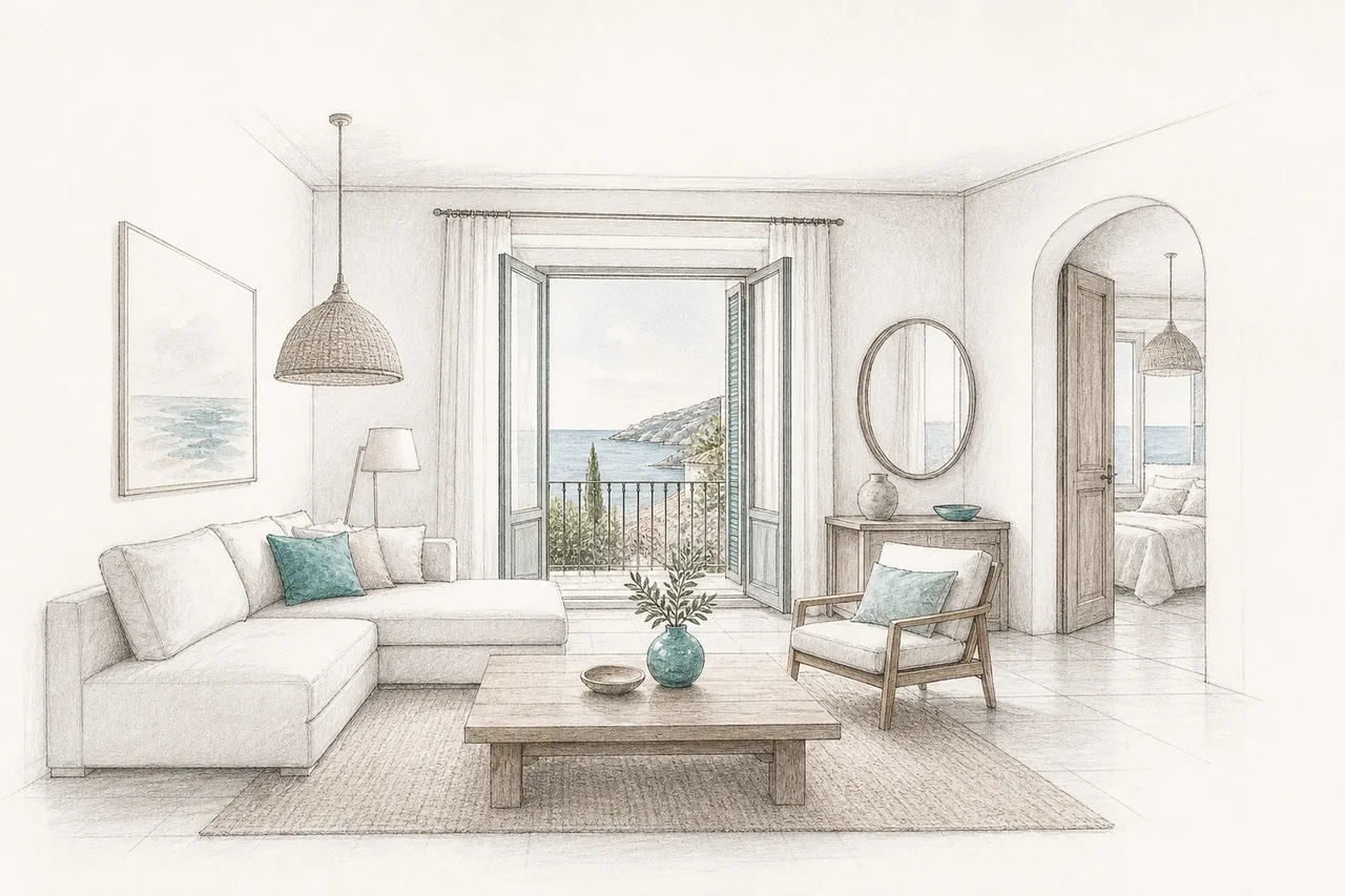 Boceto arquitectónico de un apartamento mediterráneo